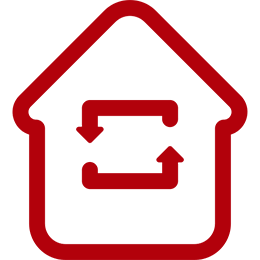 Groupe Aladin | Grande icône rouge détourée d'une maison avec des flèches